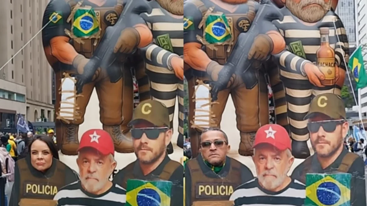 Apoiadores de Flávio Bolsonaro fazem fila para foto com painel na Paulista
